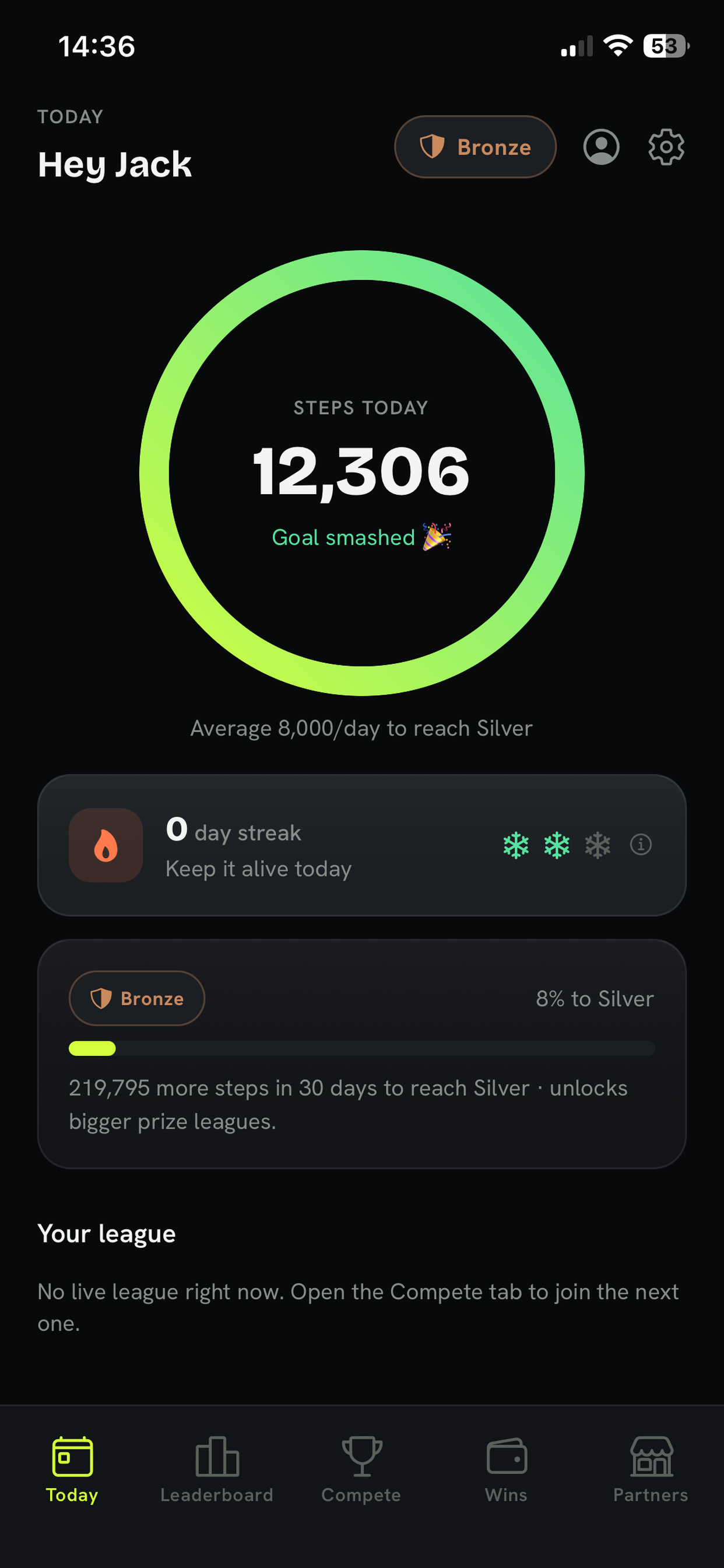 Impulso Today screen: steps, goal and division progress